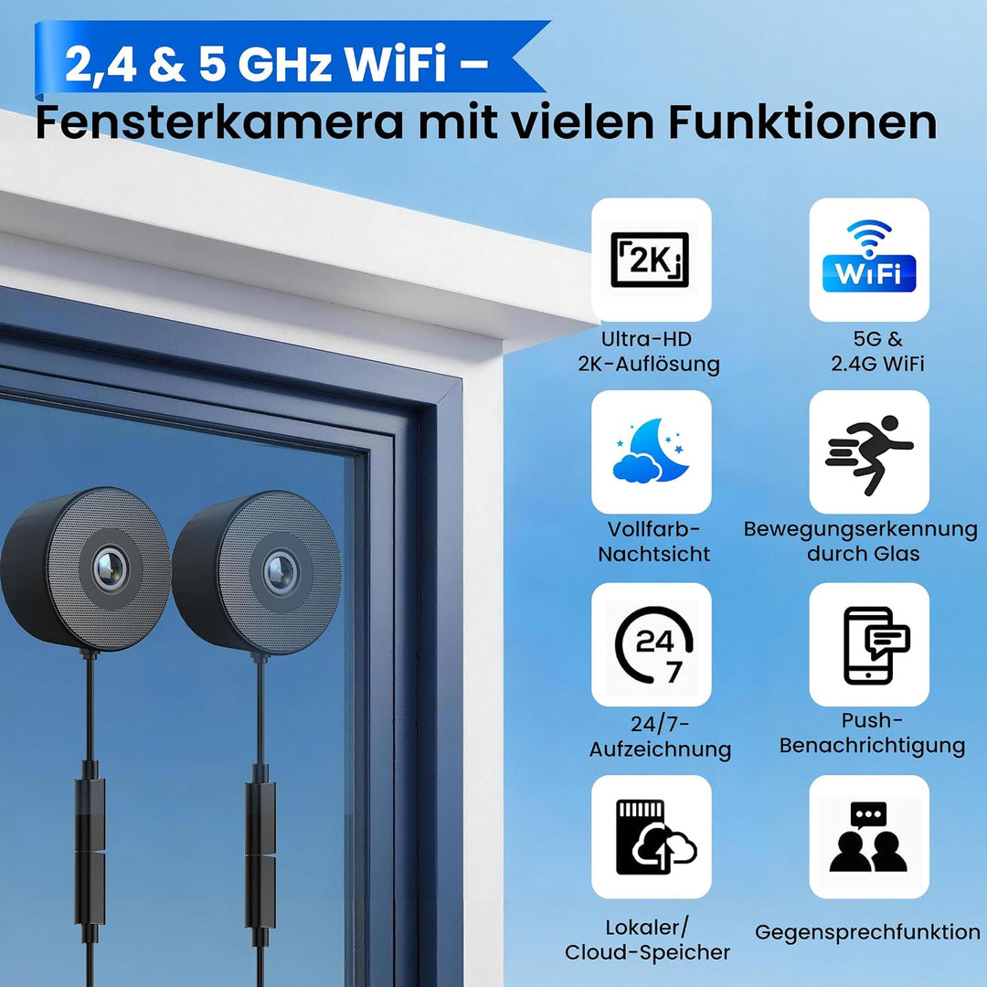 (2 Stück) 3MP 2K Fensterkamera 5G/2.4 WiFi Überwachungskamera Innen/Aussen | Farb-Nachtsicht,Bewegun