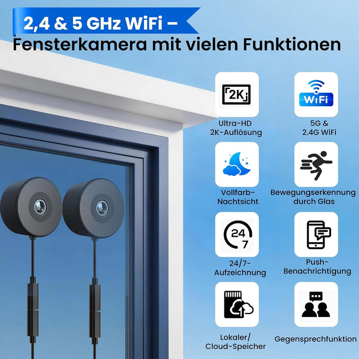 (2 Stück) 3MP 2K Fensterkamera 5G/2.4 WiFi Überwachungskamera Innen/Aussen | Farb-Nachtsicht,Bewegun