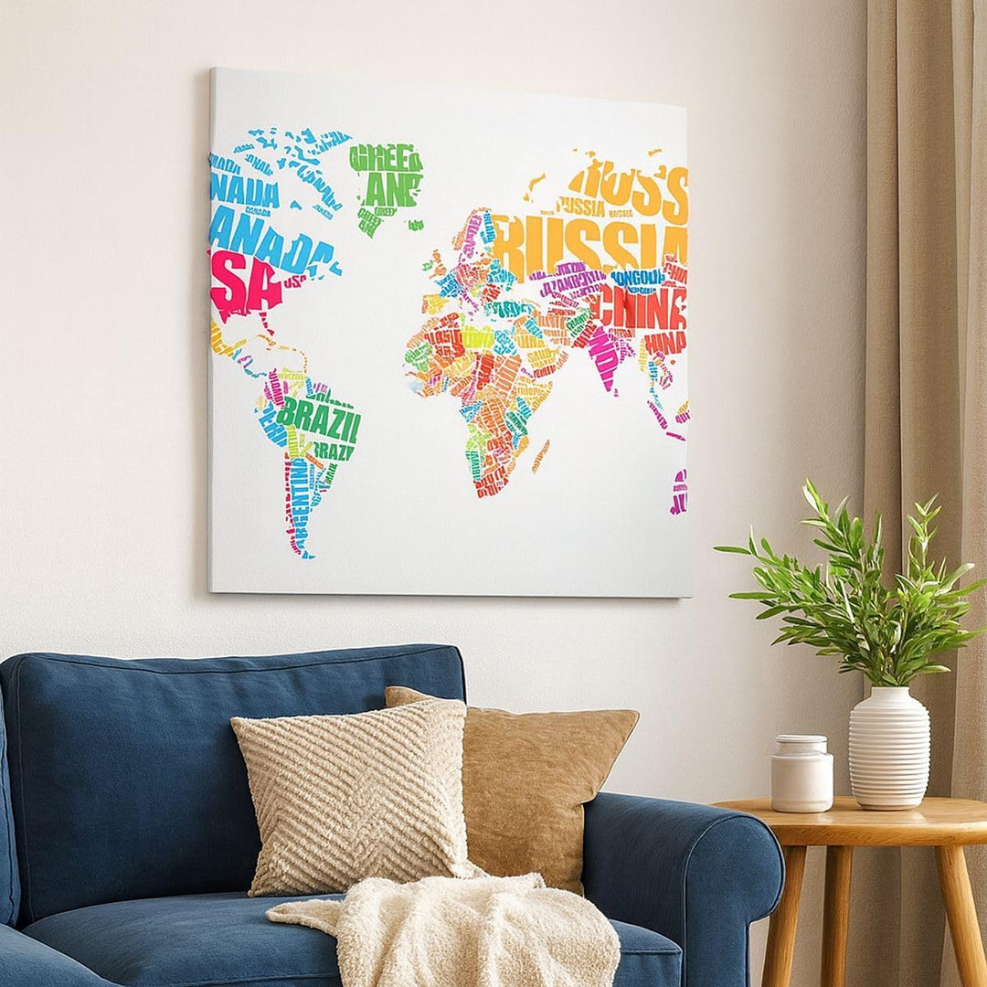 Bilder auf Leinwand Karte Worte Welt Geographie Leinwandbild 60x60cm Wandbilder Dekoration Wohnzimme
