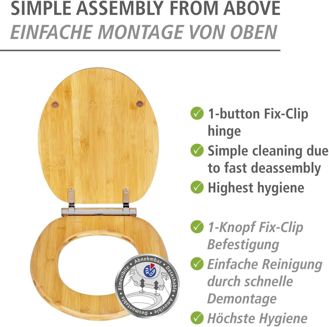 WENKO WC-Sitz Bambusa, Toilettensitz aus Bambus mit Easy-Close Absenkautomatik und Fix-Clip Hygieneb