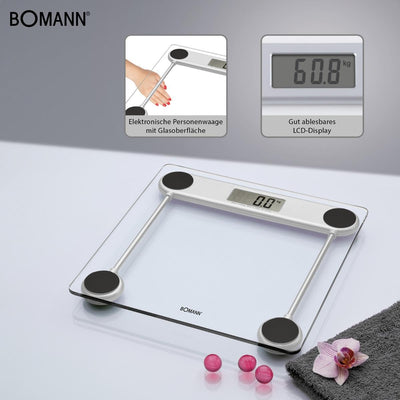 Bomann PW 1417 CB Elektronische Personenwaage mit gut lesbarem LCD-Display, Glas-Oberfläche, 100 g-S