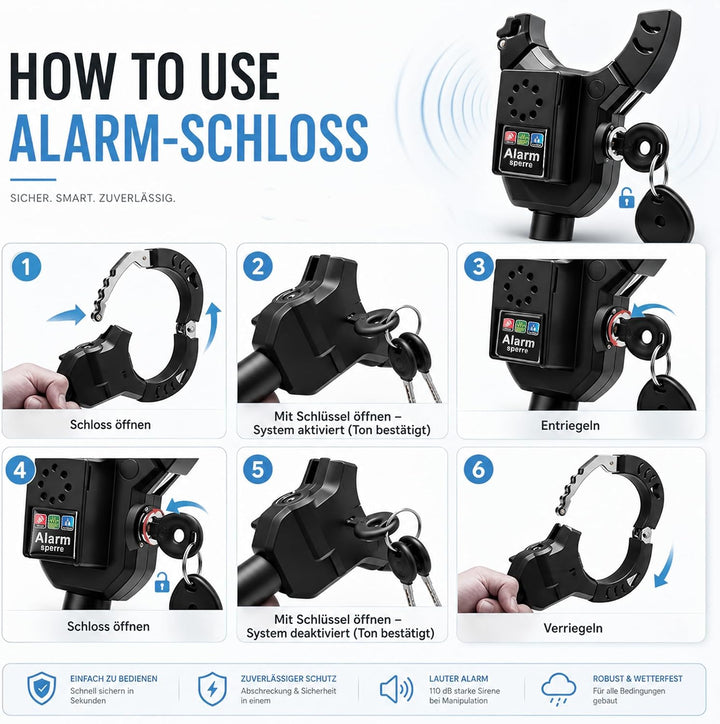 E-Scooter Schloss mit Alarm 110 dB, Handschellenschloss