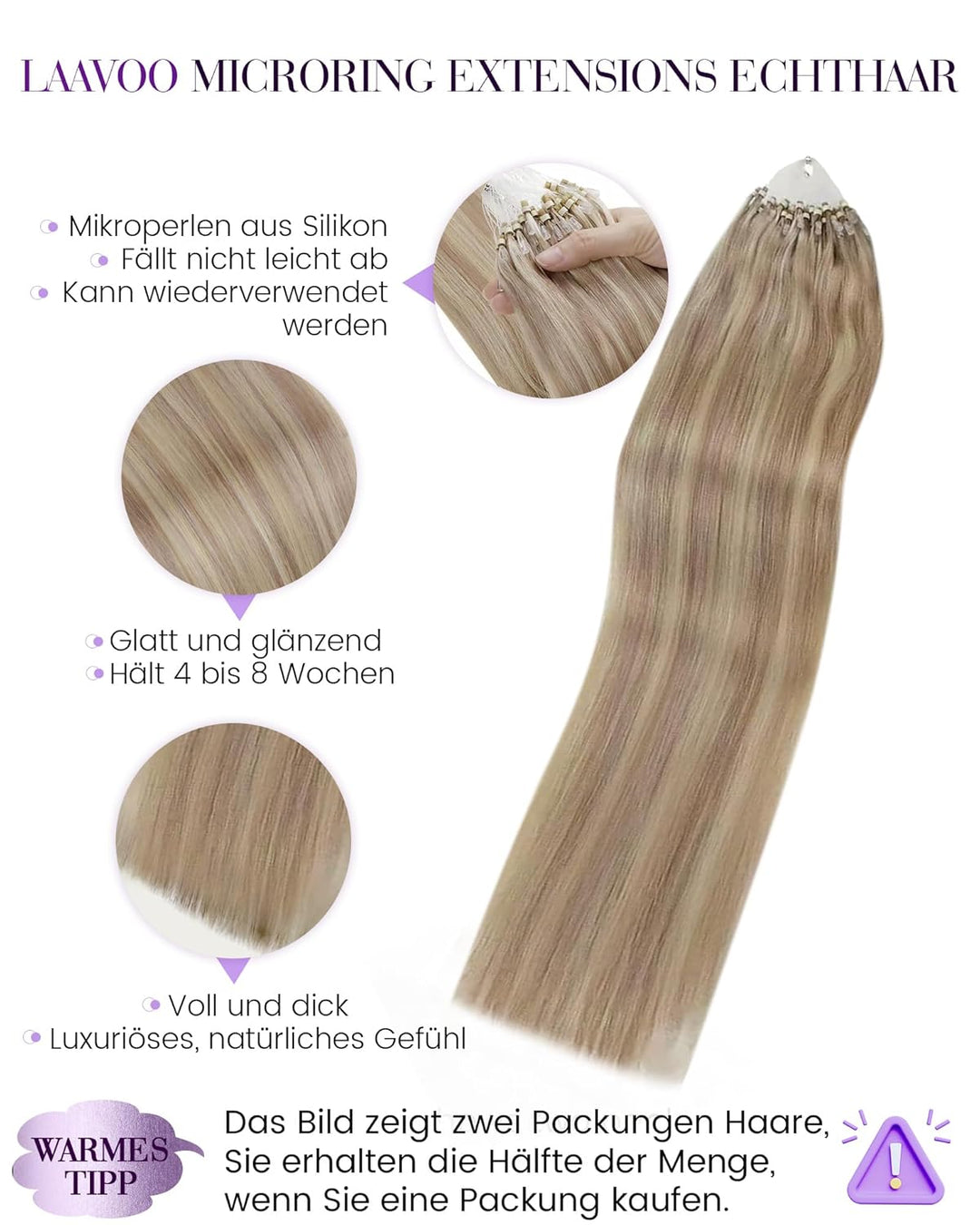LaaVoo Microring Extensions Echthaar Blond 50cm Cold Fusion Micro Loop Extensions Aschblond mit Blon