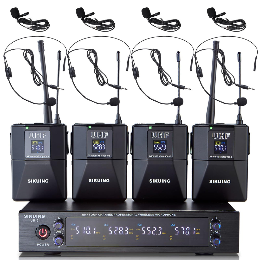 4-Kanal Mikrofon Wireless Kabellos mit Lavalier-Kopfbügelmikrofonen, 4x50 einstellbare Frequenzen, i