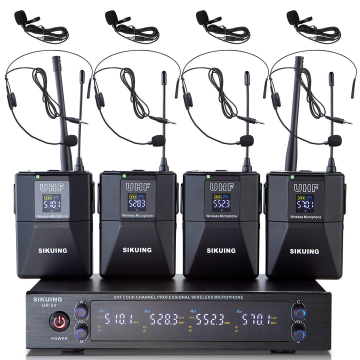 4-Kanal Mikrofon Wireless Kabellos mit Lavalier-Kopfbügelmikrofonen, 4x50 einstellbare Frequenzen, i
