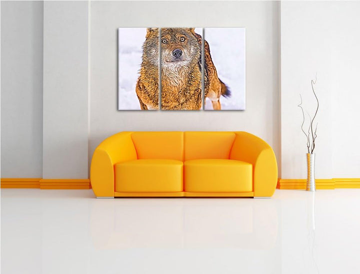 niedlicher Wolf im Schnee Spezial 3-Teiler Leinwandbild 120x80 Bild auf Leinwand, XXL riesige Bilder