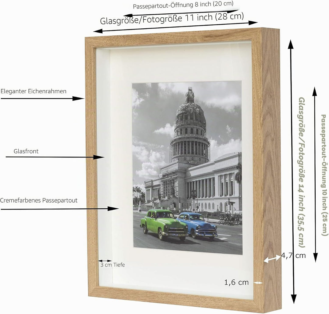 BD ART 28x35 cm Box 3D Tief Objektrahmen Eiche Bilderrahmen mit Passepartout 20x25 cm Rechteckiger z