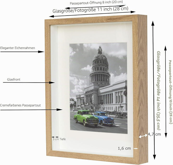 BD ART 28x35 cm Box 3D Tief Objektrahmen Eiche Bilderrahmen mit Passepartout 20x25 cm Rechteckiger z
