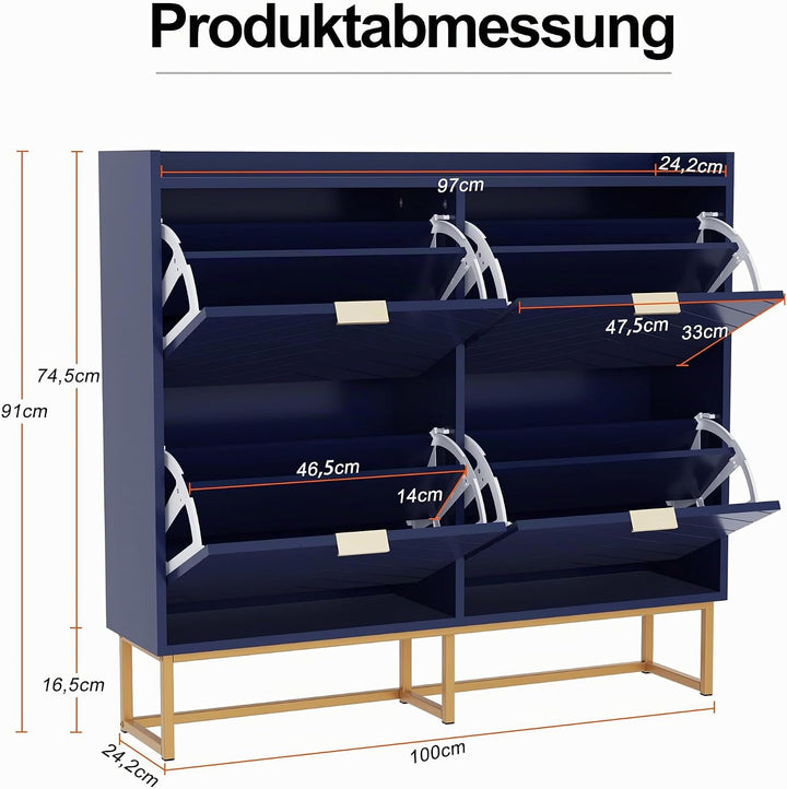 UEV Schuhschrank mit 4 Klappen,100x24x103,5cm,Schuhkipper Schmal,Schuhkommode Flur Wohnzimmer Eingan