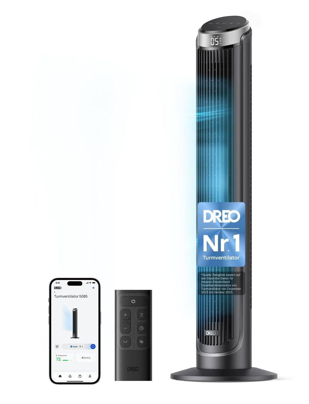 DREO Smart Turmventilator Sehr Leise, 90° Oszillierend Standventilator für Schlafzimmer, 7.9 m/s Win