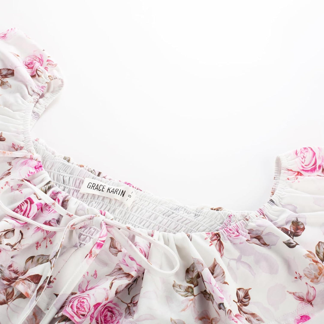 GRACE KARIN Damen Sommerkleid Lang Schulterfrei Rüschen Schlitz Boho Blumenkleid Elegant Hochzeitsgä