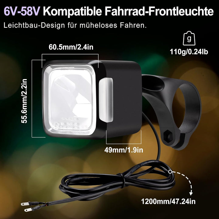 Fahrrad Frontlicht LED 30-100 Lux, Alu-Kühlkörper, 6-58V E-Bike/Fahrrad, IPX4/5, StVZO E-Bike 100lux