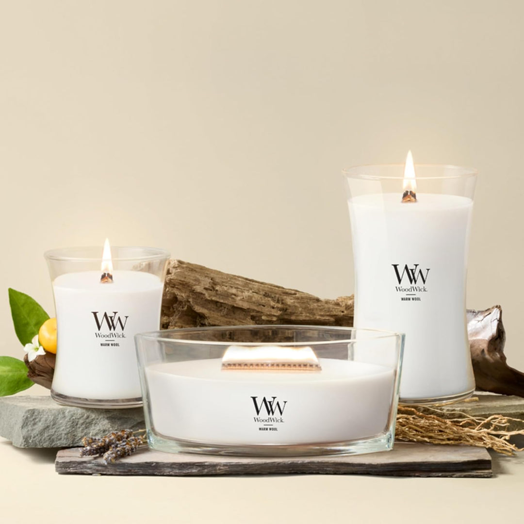 Ellipsenförmige WoodWick Duftkerze mit knisterndem Docht, Warm Wool, bis zu 50 Stunden Brenndauer,11