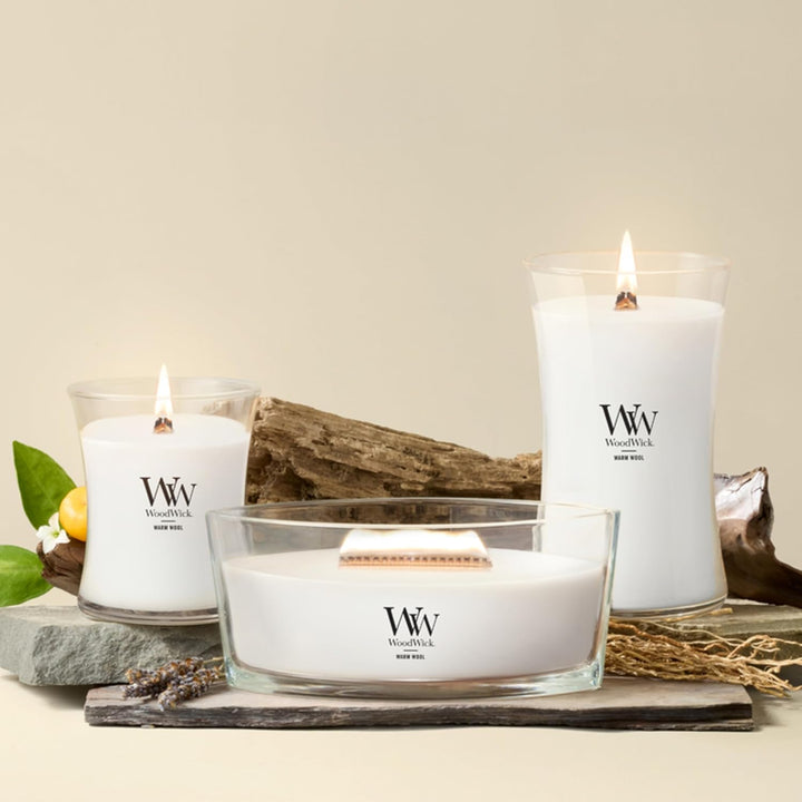 Ellipsenförmige WoodWick Duftkerze mit knisterndem Docht, Warm Wool, bis zu 50 Stunden Brenndauer,11