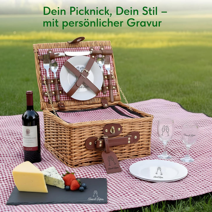 Personalisierter Picknickkorb für 2–4 Personen – Weide + Futterstoff (Rot/Blau/Grün) – Gravur auf Kö