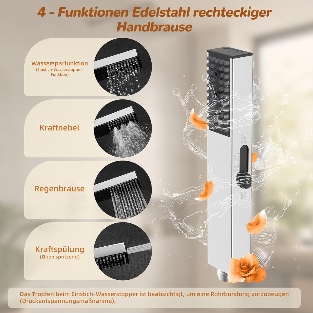 Hibbent 4-fach Edelstahl-Handbrause, Hoher Druck, Robust, 4 Sprühmodi (Wassersparend/Kraft-Nebel/Reg