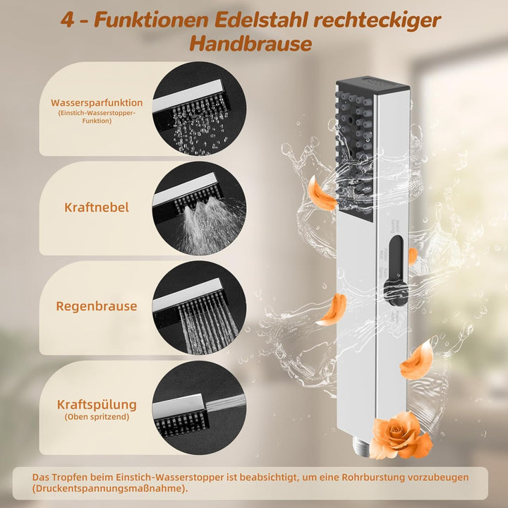 Hibbent 4-fach Edelstahl-Handbrause, Hoher Druck, Robust, 4 Sprühmodi (Wassersparend/Kraft-Nebel/Reg