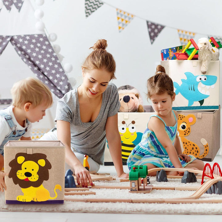 LIFENEY Aufbewahrungsbox im 3er Set Hund, Biene und Schwein I Dreierpack Spielzeugbox mit Tiermotiv
