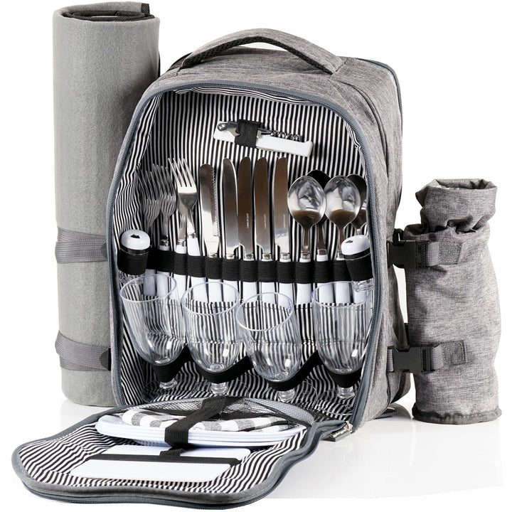 CampFeuer Picknickrucksack für 4 Personen (Grau) | Picknickset 32-teilig | inkl. Flaschenhalter und