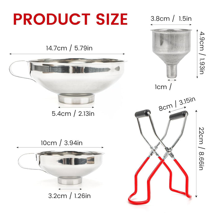 Edelstahl Trichterset 4-teilig mit Einmachgläser Heber & Trichter - 3 Grössen Küchentrichter Set für