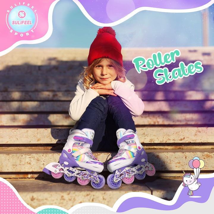 SULIFEEL Rainbow Unicorn Einstellbare beleuchtete Inline-Skates für Kinder Mädchen Anfänger-Skates m