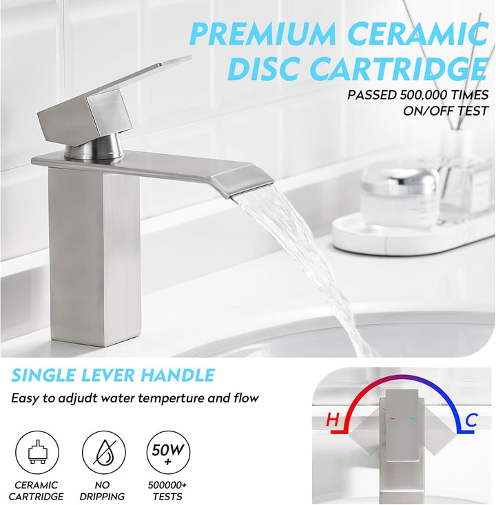 CREA Wasserhahn Bad Wasserfall, Waschtischarmatur mit Ablaufgarnitur, Mischbatterie Bad mit Wasserfa