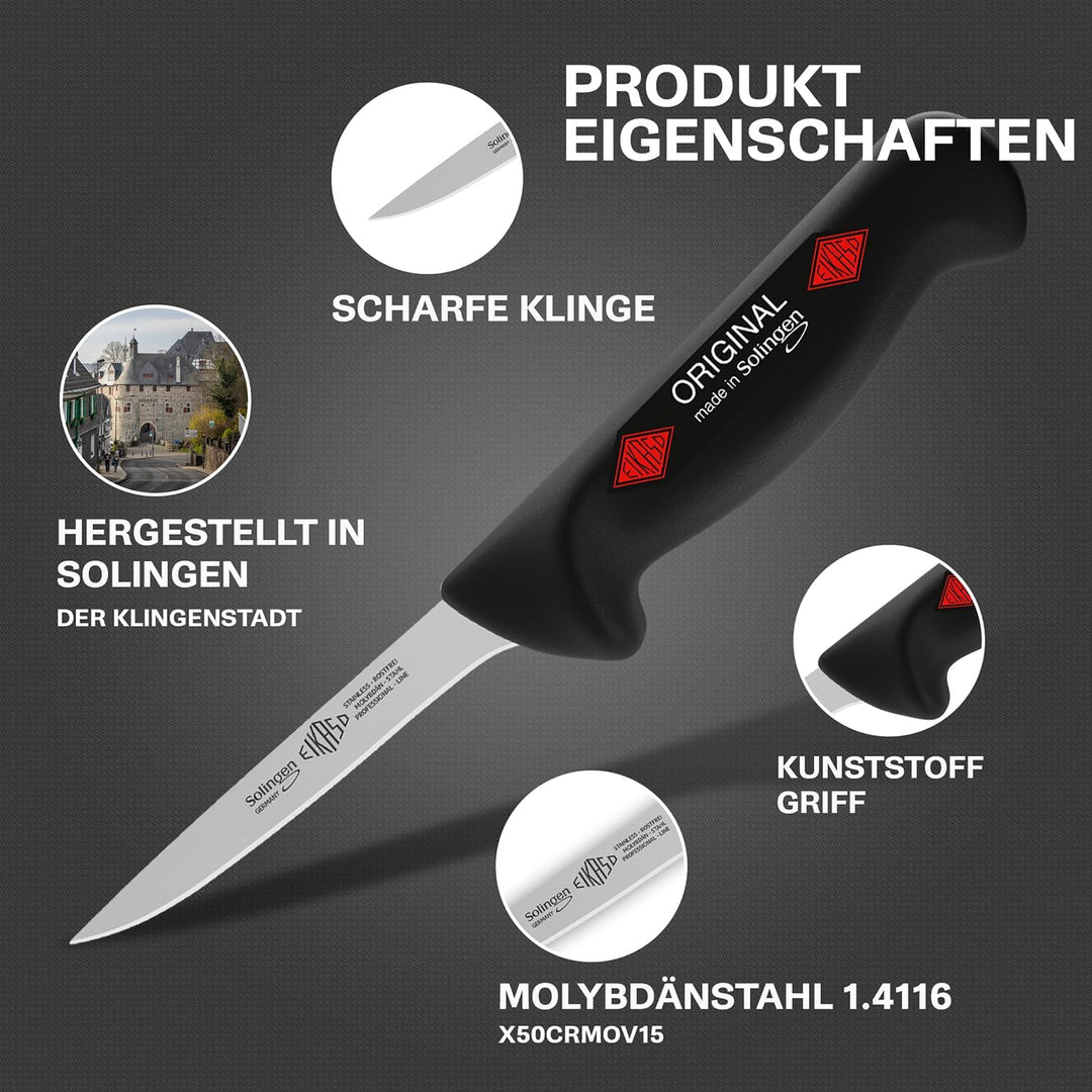EIKASO Solingen Ausbeinmesser gerade 13cm Klinge steif aus Molybdänstahl 1.4116 Profi Fleischmesser