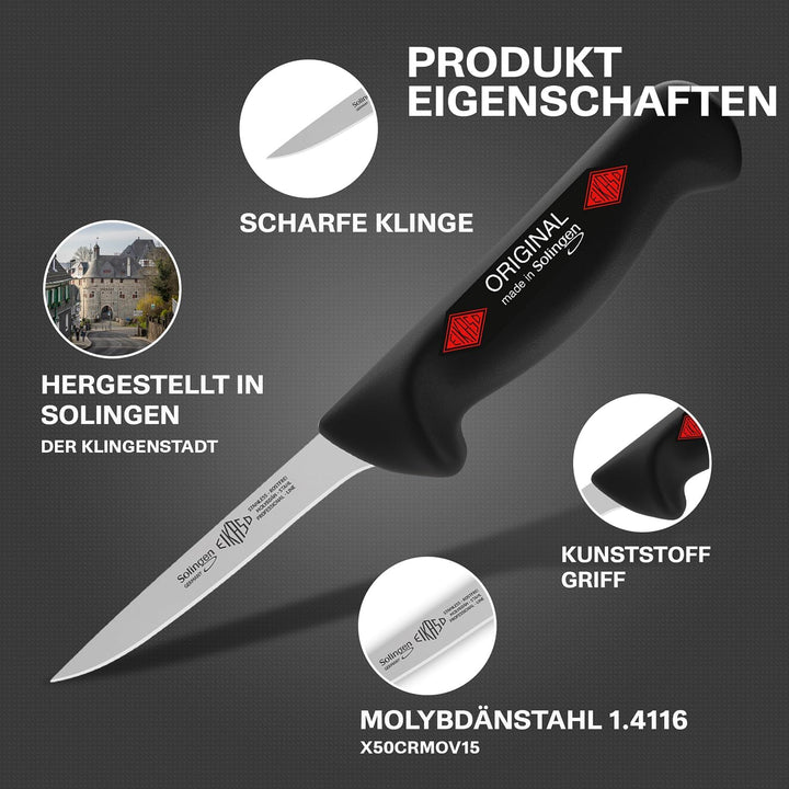 EIKASO Solingen Ausbeinmesser gerade 13cm Klinge steif aus Molybdänstahl 1.4116 Profi Fleischmesser
