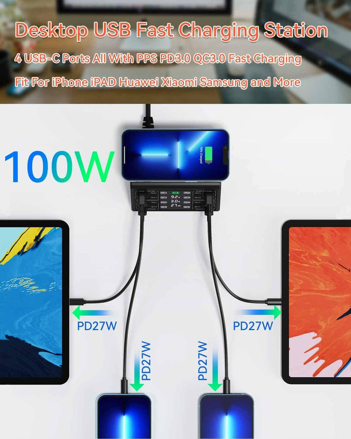 USBLadegerät, ASOMETECH 100 W 8 Port Mehrere USBLadestation mit 4 Schnellladung 3.0, 4 USB C PD Port