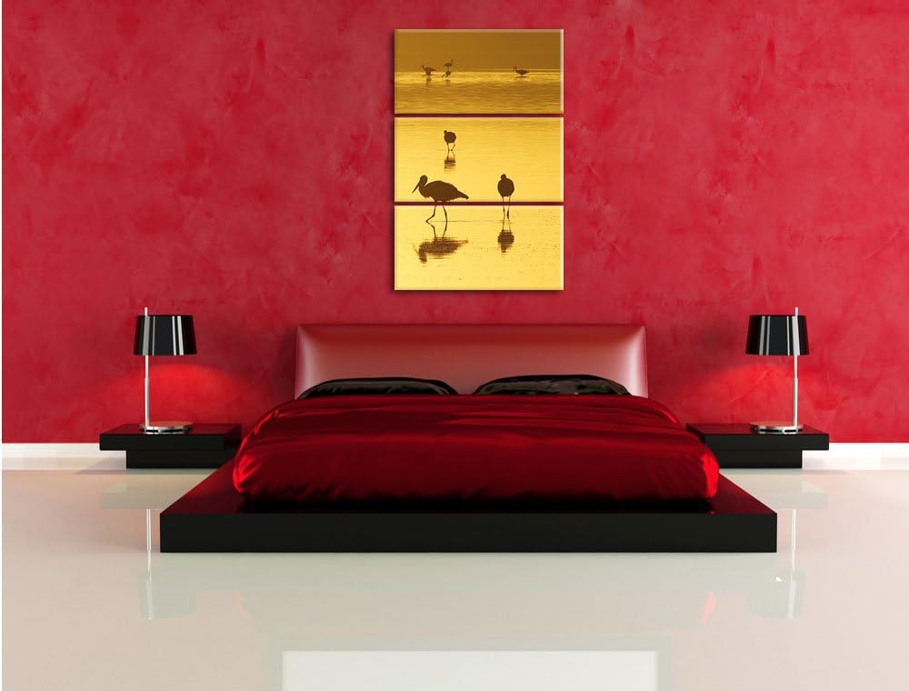 Pixxprint Störche im Wasser als Leinwandbild/Grösse: 3 Teilig (120x80) cm/Wandbild/Kunstdruck/fertig