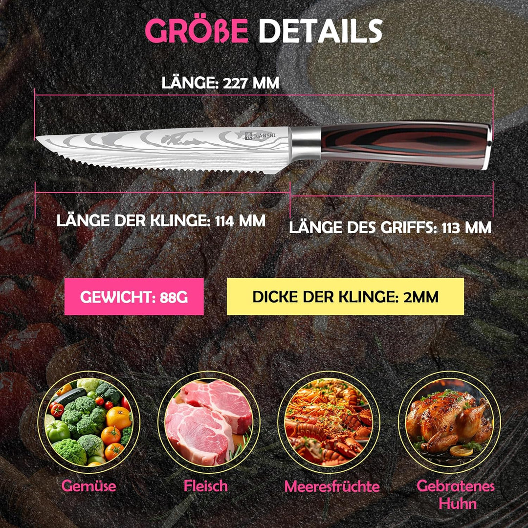 JUANSHI® Steakmesser 11.4 cm – Hoher Kohlenstoffgehalt Edelstahl Steak Messer mit ultrascharfer geza