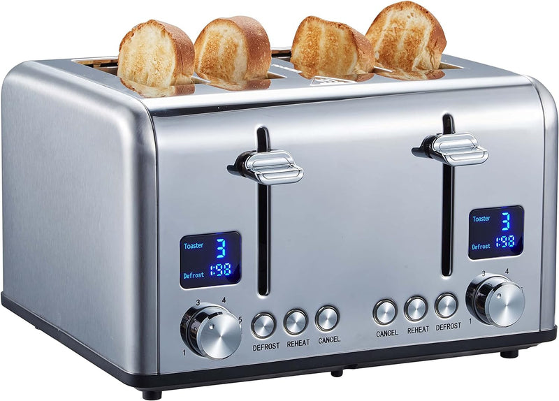 Toaster Langschlitz | Digitales Display mit Countdown | Beleuchtete Tasten | 4 Scheiben Toastautomat