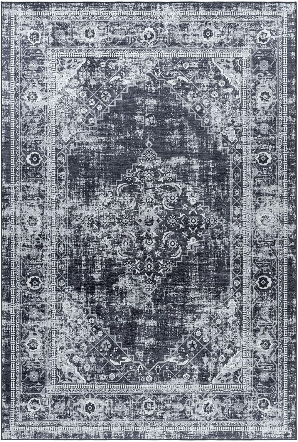 Waschbarer Teppich, Didigitaldruck Orientteppiche, Rechteckig, Schwarz - Grau - Weiss Farbe, Flachge