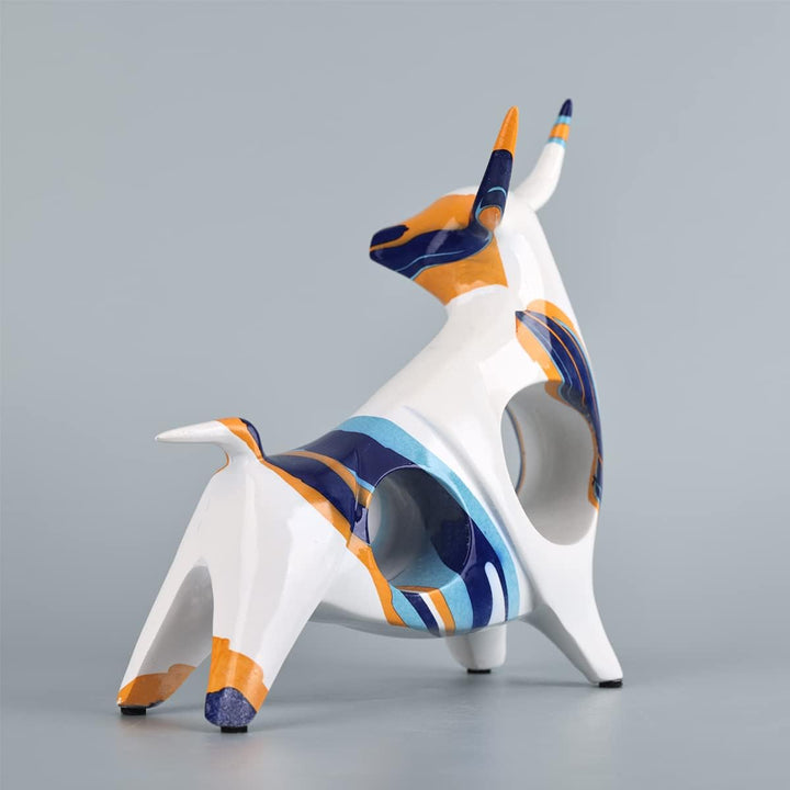 Stierstatue aus Kunstharz in Blau-Orange, minimalistische, vollfarbige Stierfigur, Originalität, abs