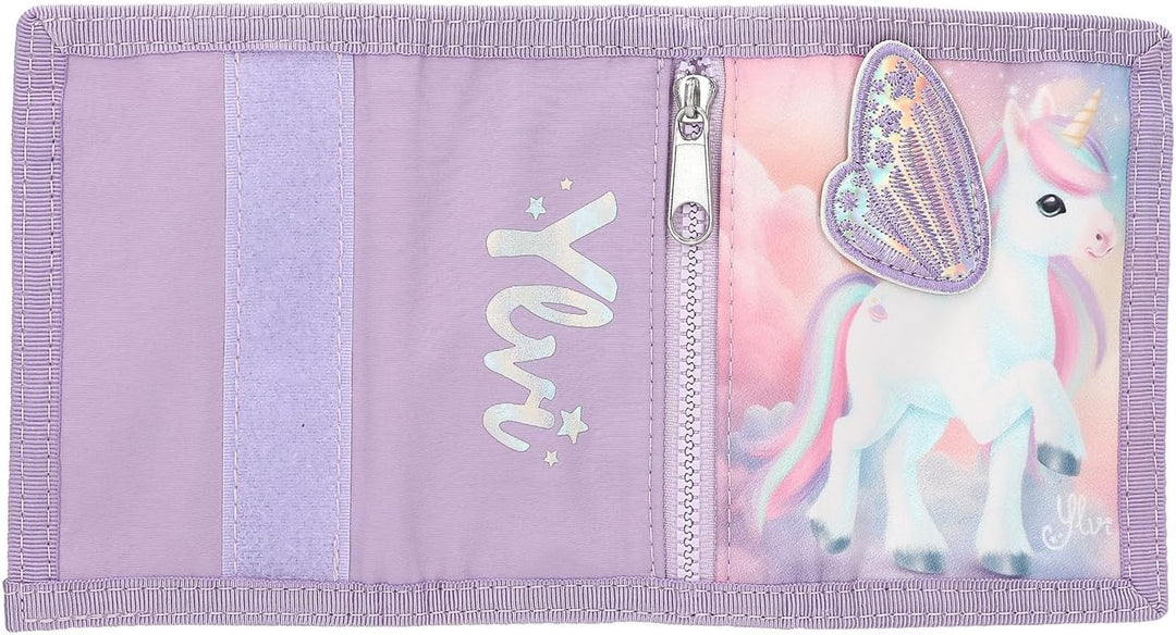 Depesche 13418 Ylvi - Portemonnaie in Lila, mit Einhorn Motiv und appliziertem Flügel, Geldbörse mit