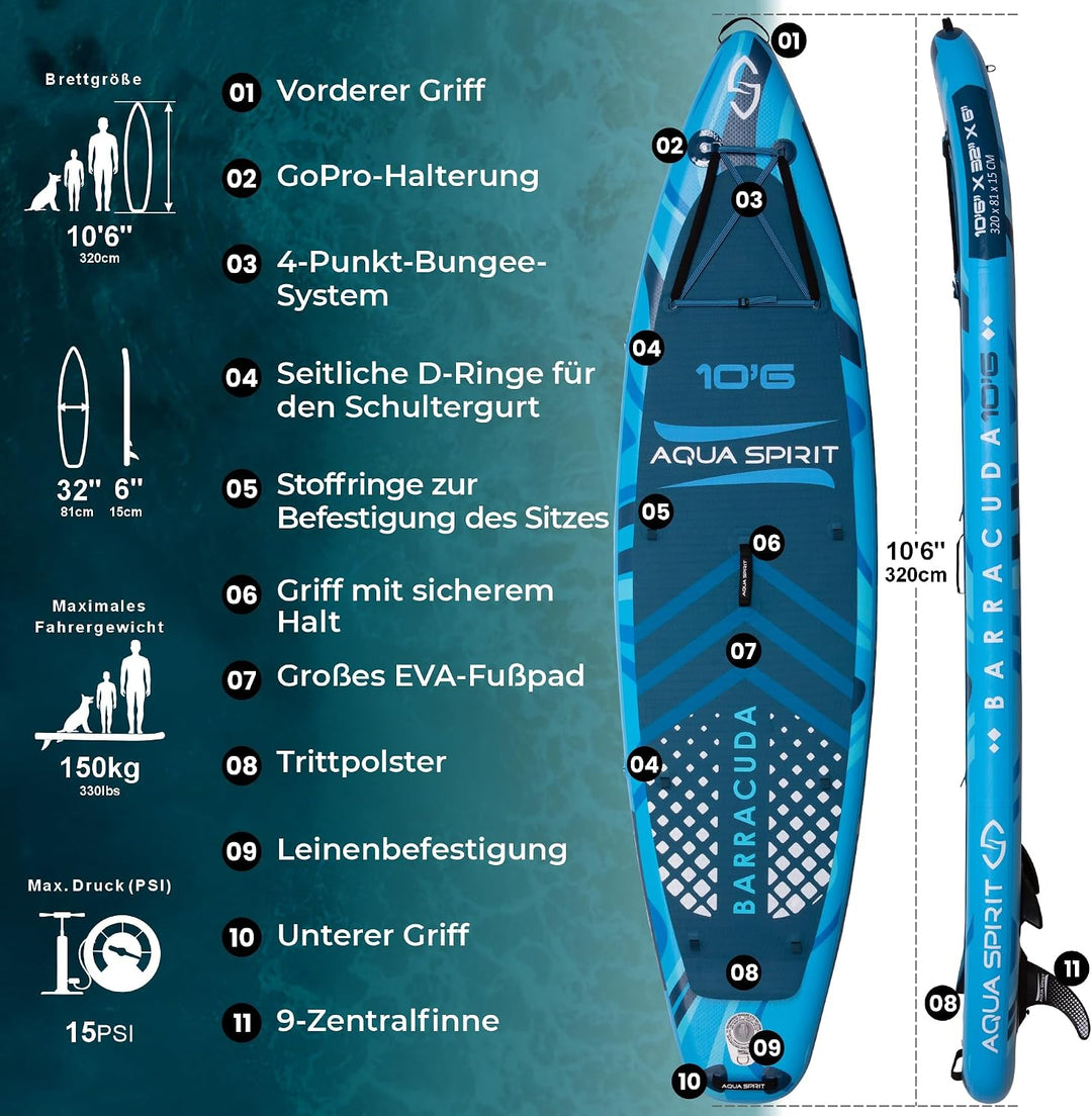 AQUA SPIRIT SUP Aufblasbare Boards für Stand-Up Paddling Paddel Board Set Mit verstellbarem Paddle,