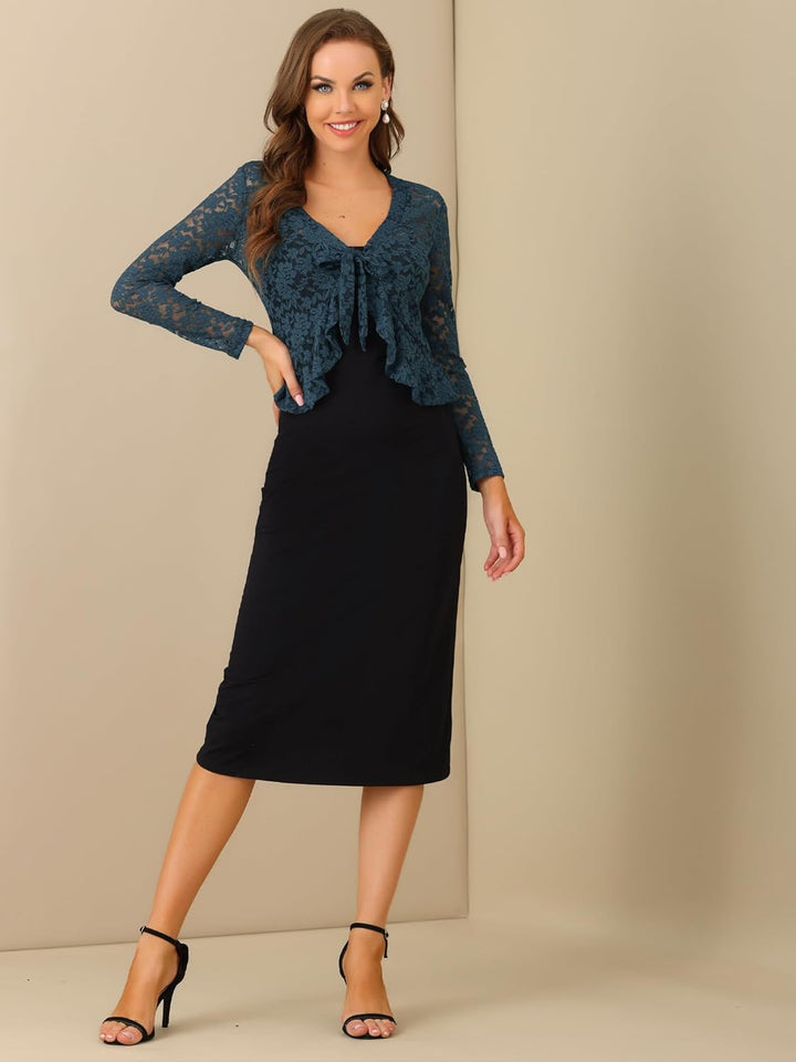 Allegra K Damen Spitzenbolero Langarm Bolero Durchsichtig Rüschensaum Crop Blumen Shrug M Dunkelblau