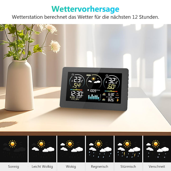Wetterstation Funk mit Aussensensor, 7,8 Zoll Grosses Farbdisplay mit Beleuchtung & DCF Funkuhr, Wet