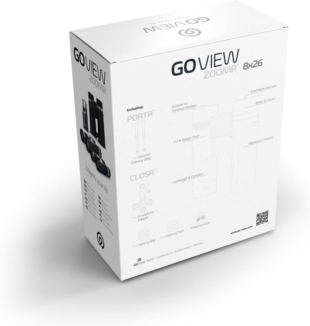 GoView ZOOMR 8x26 kleines, leichtes Fernglas (8-Fach Zoom, Magnesiumgehäuse, inkl. Smartphone-Adapte