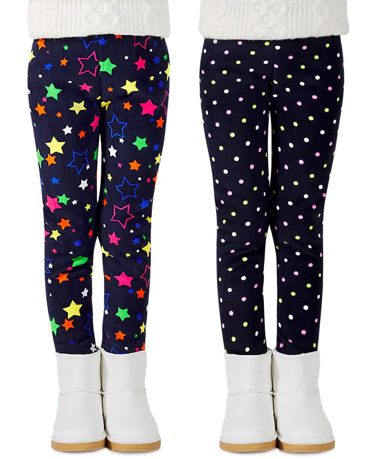 Adorel Mädchen Leggings Gefüttert Winter Hosen 2er-Pack Bunte Punkte &amp; Bunte Sterne 134-140, Bunte P