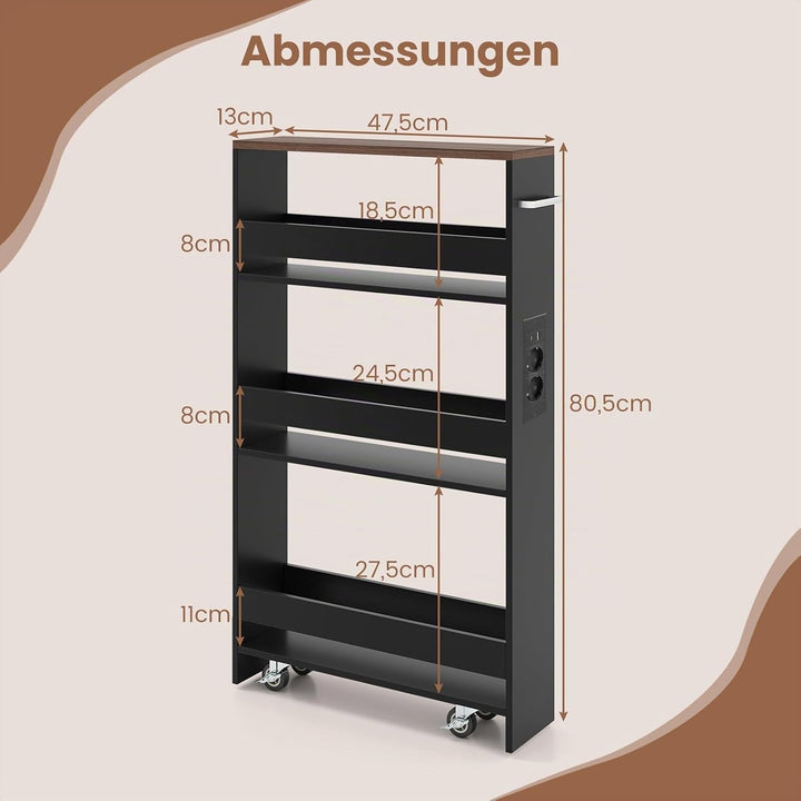 COSTWAY Nischenwagen 13cm breit, 4 Etagen Küchenwagen schmal mit Ladestation, Nischenregal auf Rolle