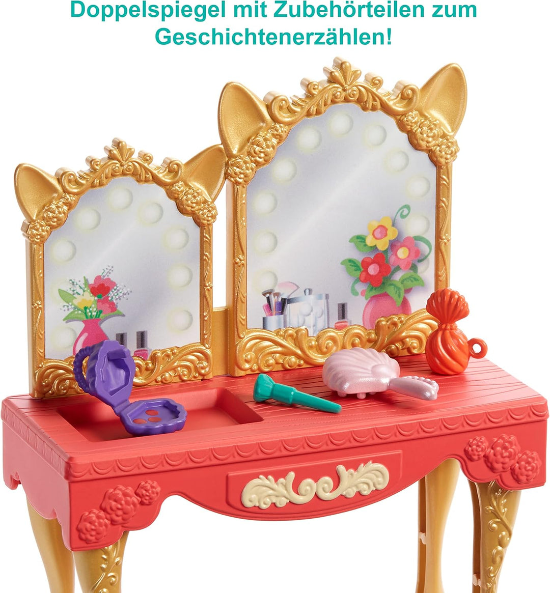 Enchantimals GYJ05 - Royaler Frisiertisch Spielset, mit Fabrina Fox Puppe (ca. 15,2 cm) und 1 Tier,