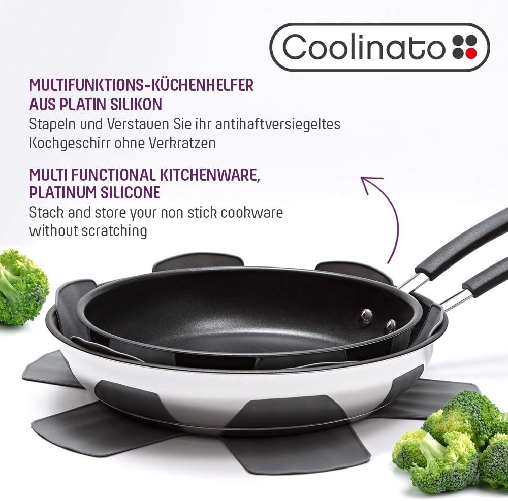 Coolinato 3er Set Pfannenschoner aus Silikon, 35 cm, grau, Topfuntersetzer, Pfannenschutz Stapelschu