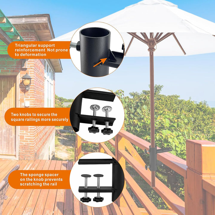 VANROUG Sonnenschirmständer für eckige Balkongeländer(15 mm - 63 mm), Schirmdurchmesser (23 mm - 38