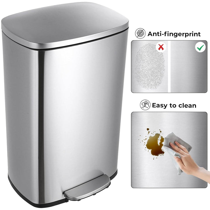 LIFERUN Mülleimer 50l aus Edelstahl, Abfalleimer mit Deckel, Soft-Close Tretmülleimer, Grosser Trete