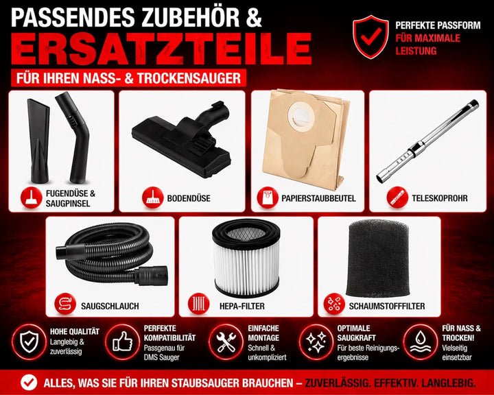 DMS Industriestaubsauger mit 2300 Watt | Nasssauger | Trockensauger | Edelstahl | Blasfunktion | Fil
