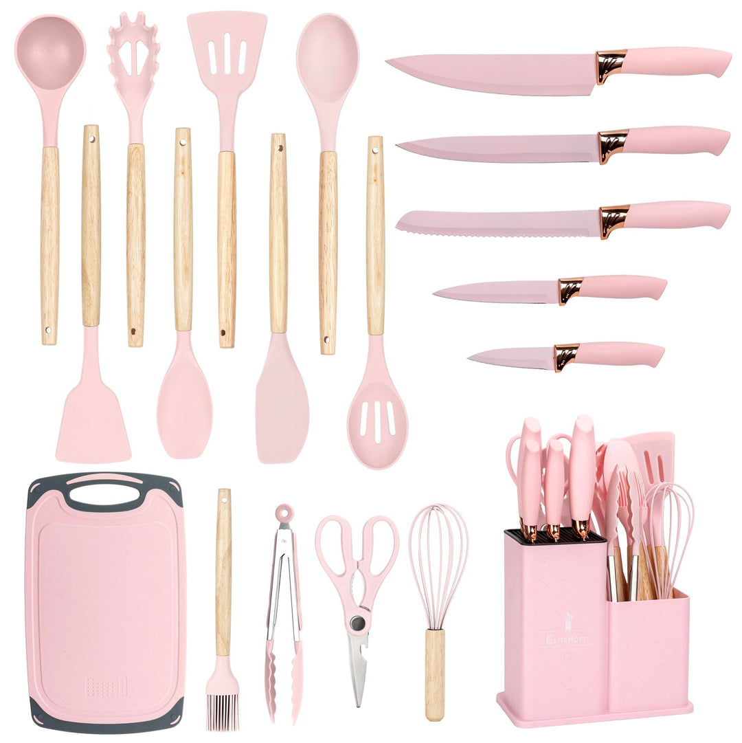 EliteHoff Küchenmesser-Set 19-teilig – Silikon-Küchenutensilien-Set mit Holzgriffen, 5 Messer, 12 Ko