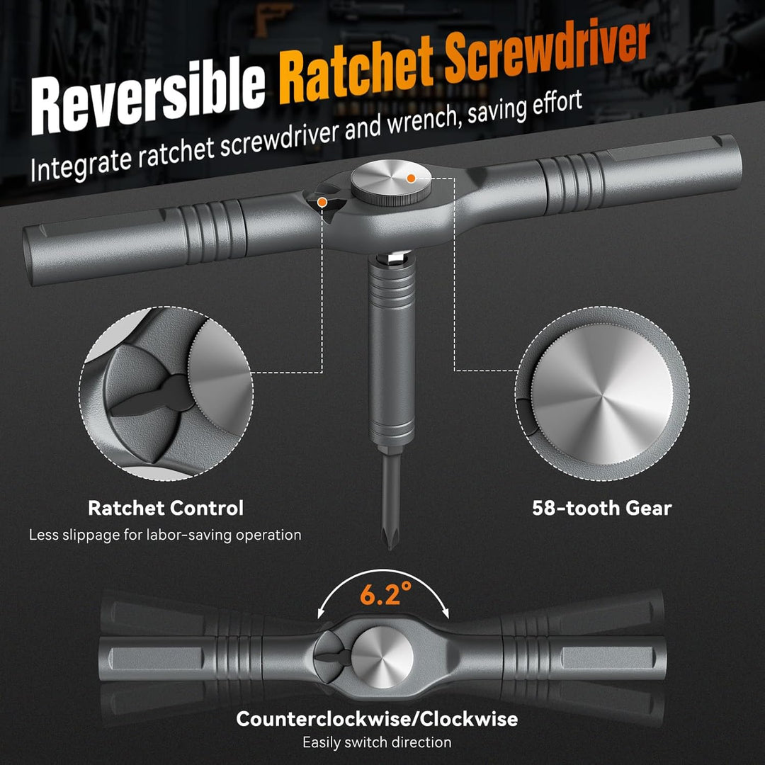 43 in 1 Ratschenschraubendreher Set mit abnehmbarem Griff, 6.2° Ratschenkopf, Multi S2 Stahl Bit Fre