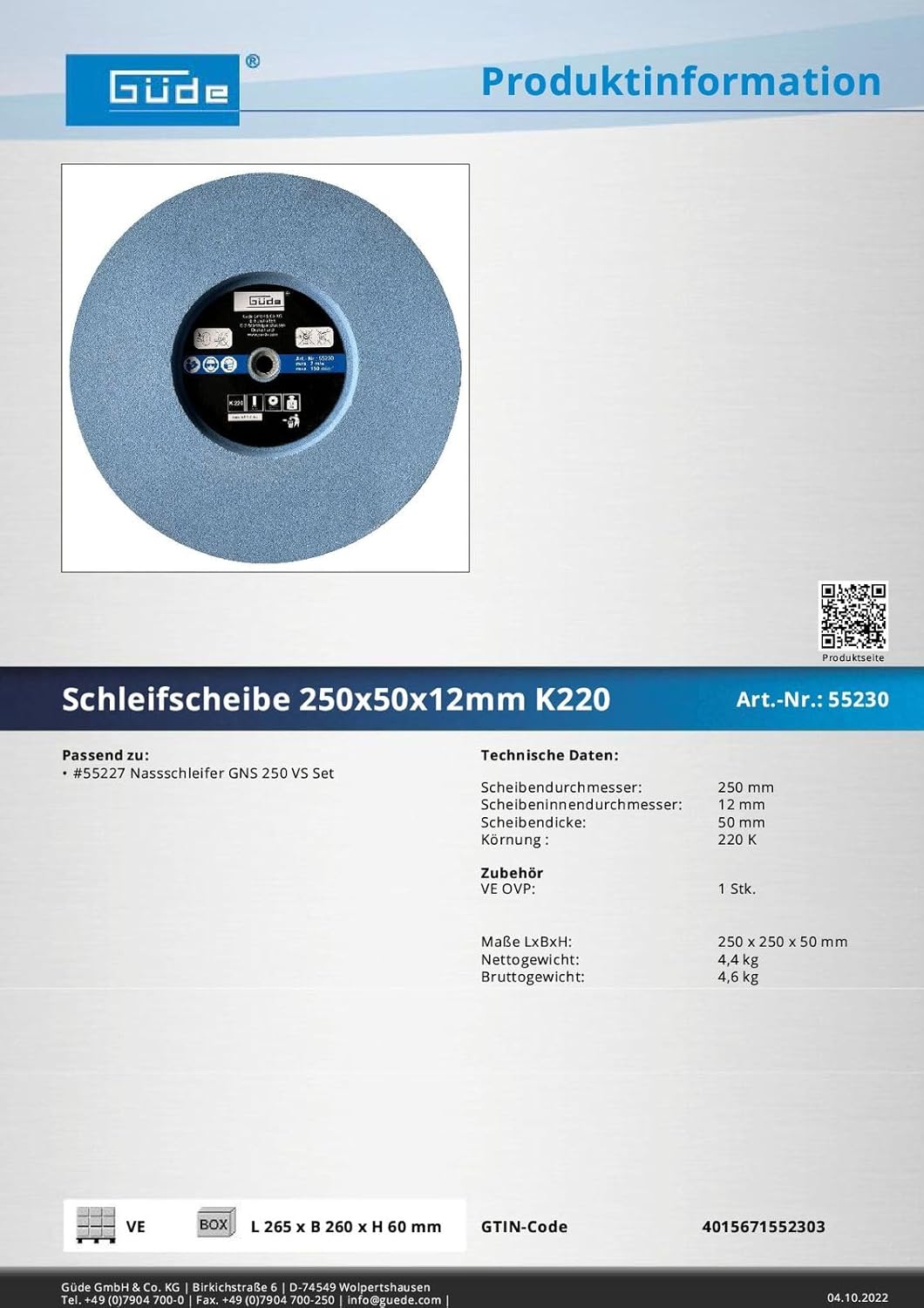Güde Schleifscheibe Schleifpapier K 220 250x50x12mm für Deltaschleifer, Schleifblatt, Schleifband, S