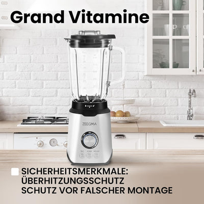 ZEEGMA Grand Vitamine Multifunktions-Standmixer 1600 W, Standmixer mit 1,7 l Glasbehälter, drei Auto